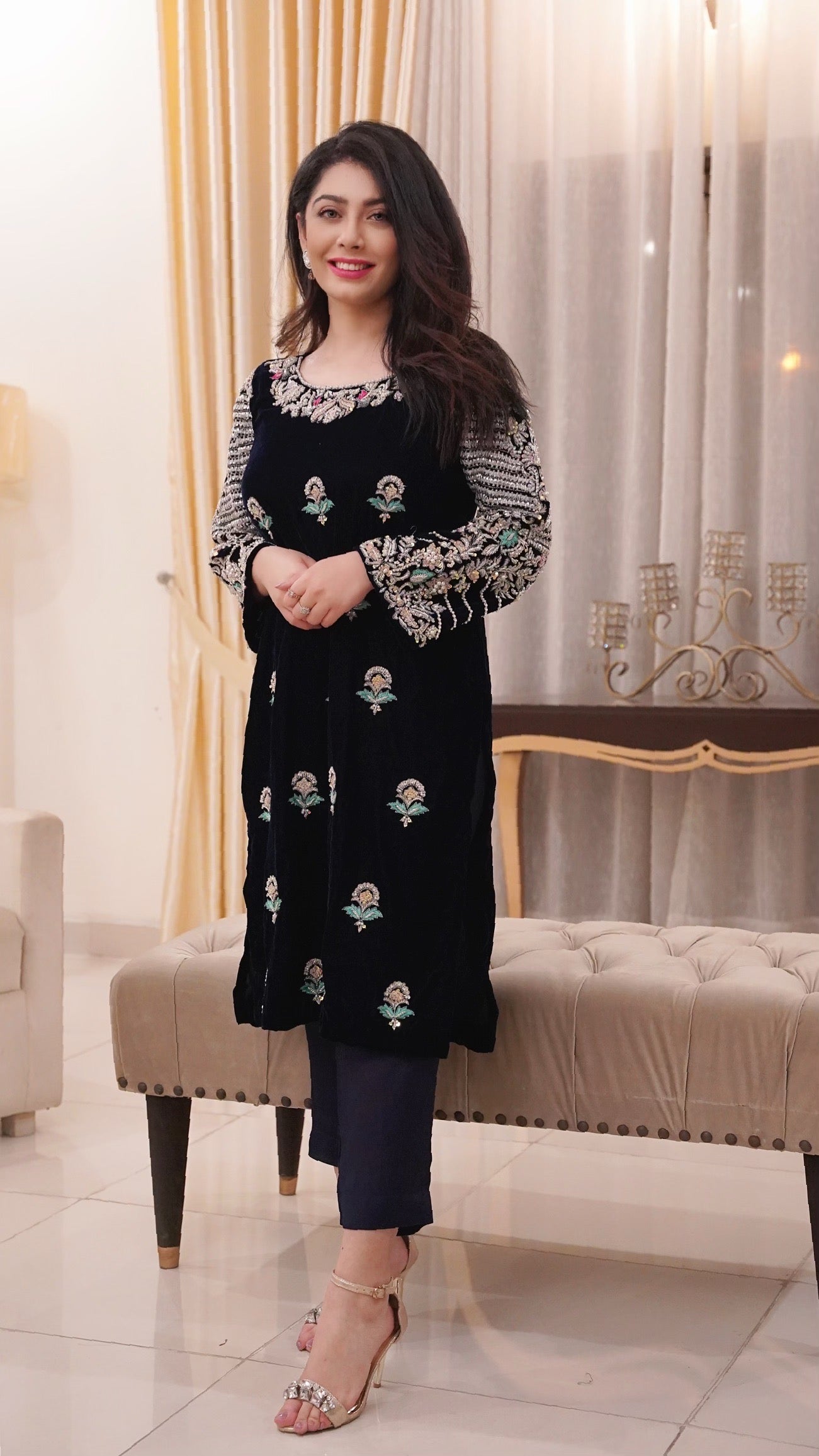 Elegant Noor 3-Piece Navy Blue Velvet Women's Outfit